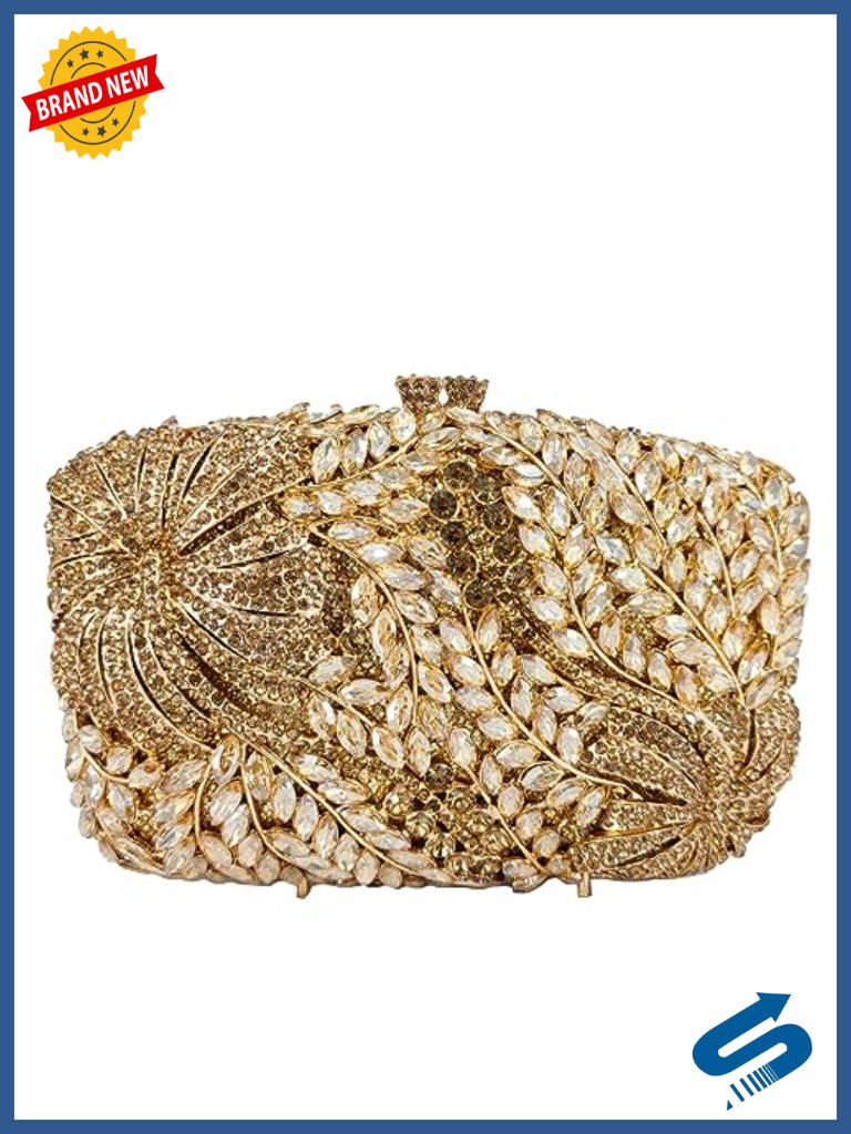 Crystal Embellished Floral Clutch Evening Bag With Chain Straps